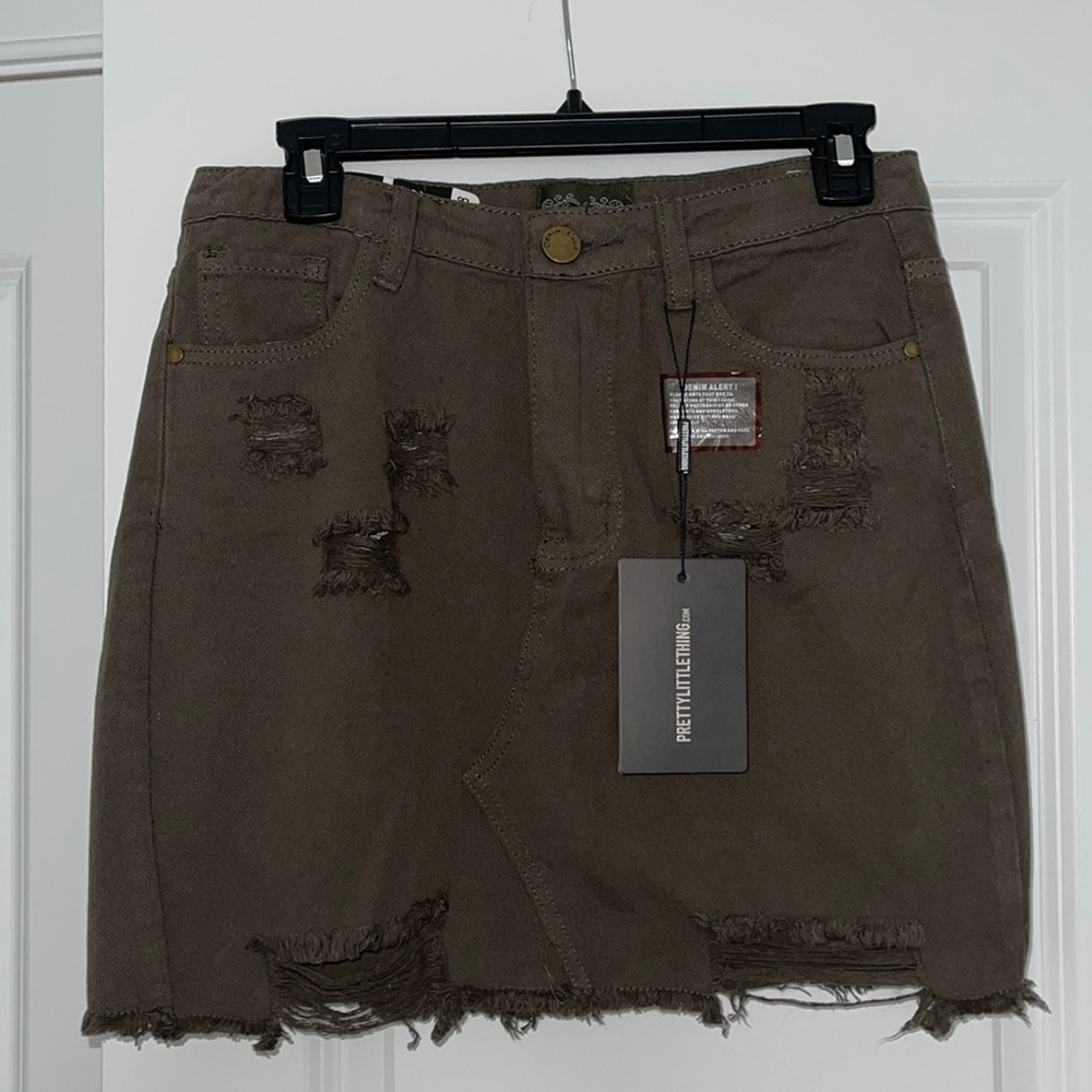 Khaki Distressed Rip Denim Skirt